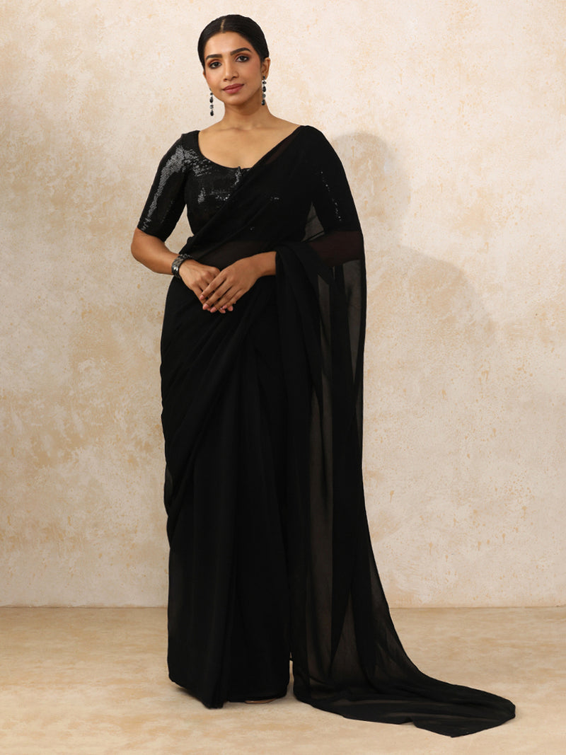 Noreen x Tyohaar | Elbow Sleeves Black Sequined Saree Blouse with Round Neck-Binks