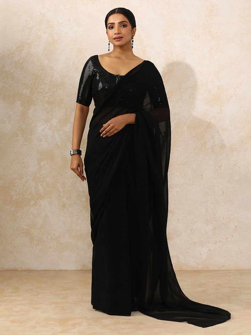 Noreen x Tyohaar | Elbow Sleeves Black Sequined Saree Blouse with Round Neck-Binks