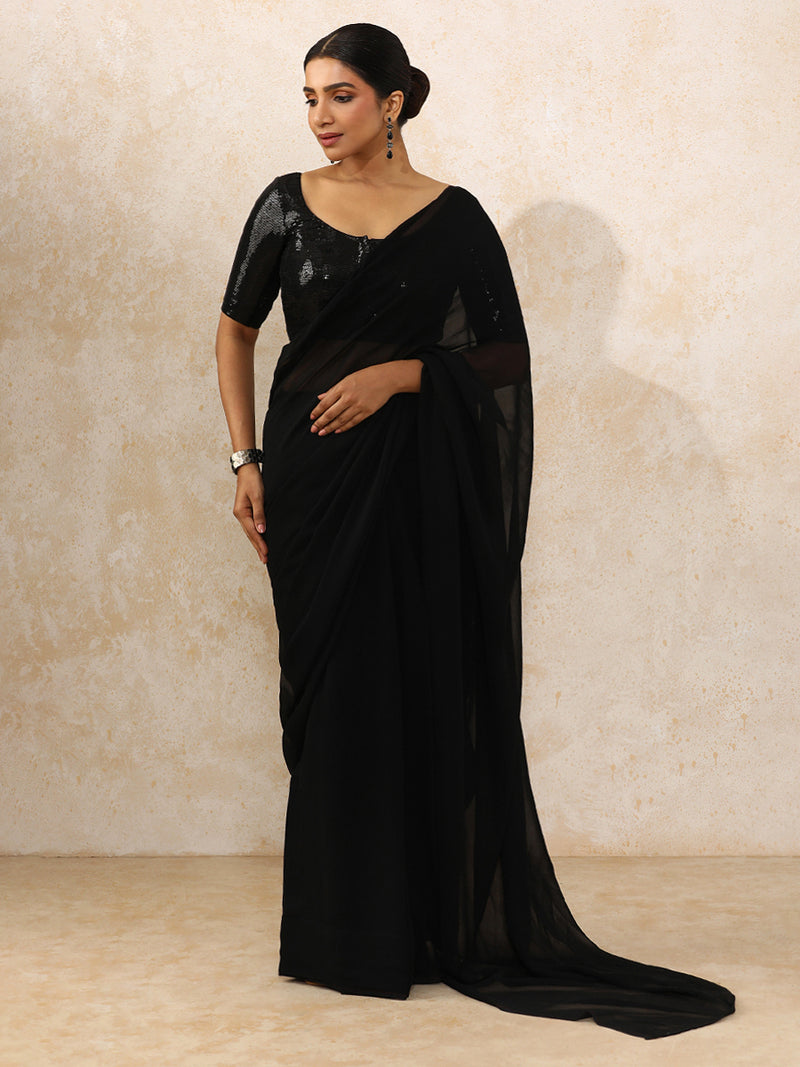 Noreen x Tyohaar | Elbow Sleeves Black Sequined Saree Blouse with Round Neck-Binks