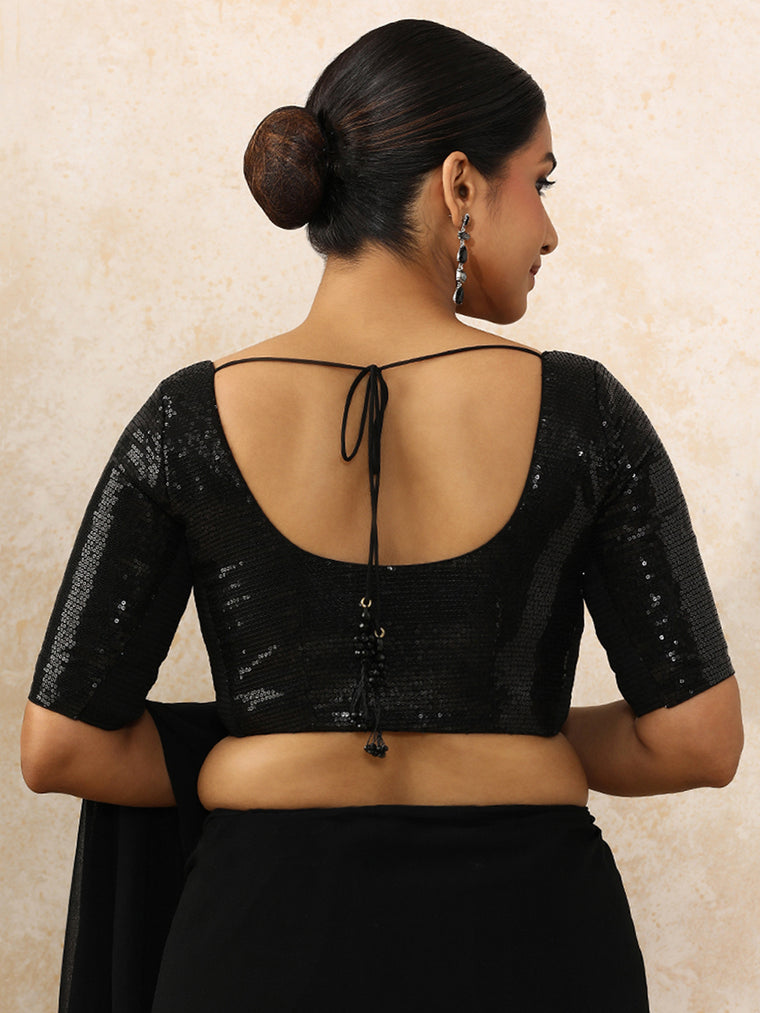 Noreen x Tyohaar Saree Blouse, in Black Sequin Fabric, featuring elbow sleeves and round neckline, made for party & festive.