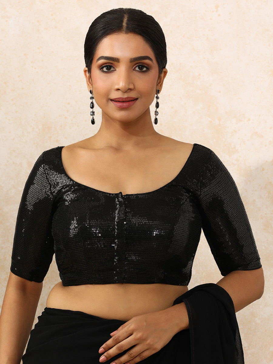 Noreen x Tyohaar Saree Blouse, in Black Sequin Fabric, featuring elbow sleeves and round neckline, made for party & festive.