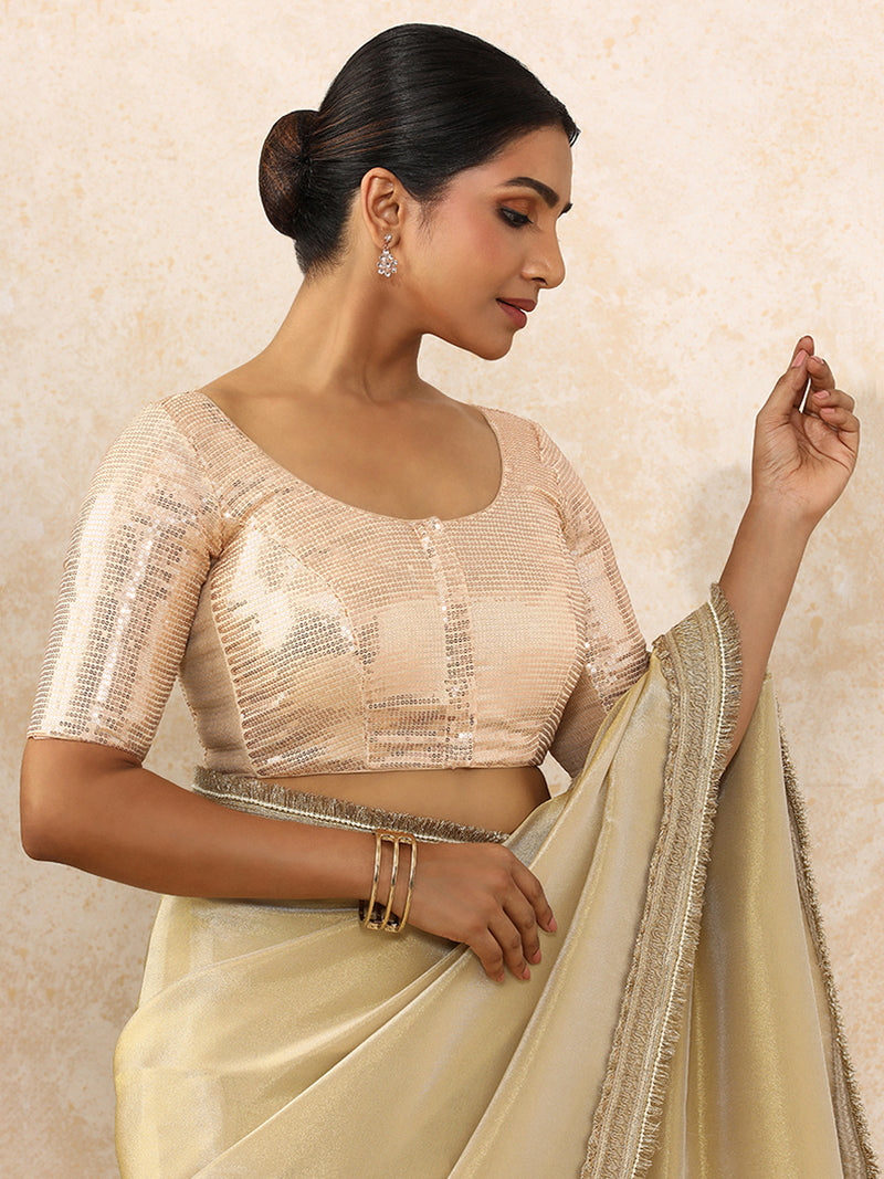 Noreen x Tyohaar | Elbow Sleeves Champagne Sequined Saree Blouse with Round Neck-Binks
