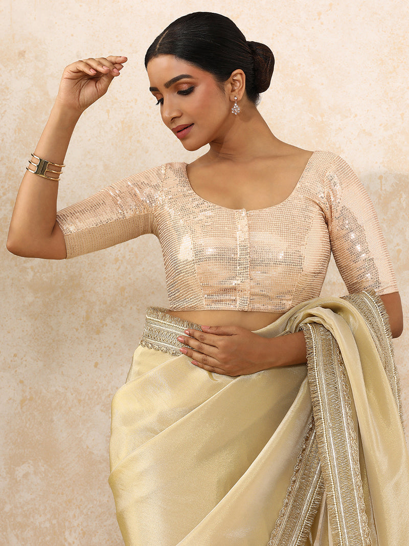 Noreen x Tyohaar | Elbow Sleeves Champagne Sequined Saree Blouse with Round Neck-Binks