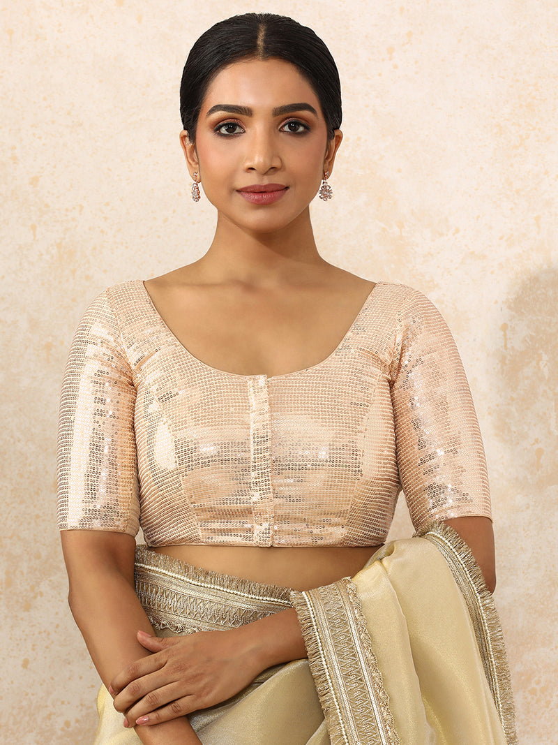 Noreen x Tyohaar | Elbow Sleeves Champagne Sequined Saree Blouse with Round Neck-Binks