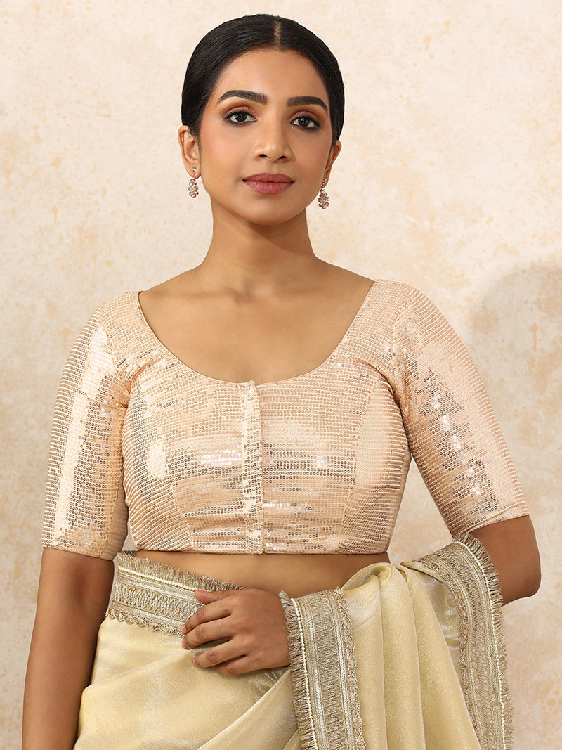Noreen x Tyohaar | Elbow Sleeves Champagne Sequined Saree Blouse with Round Neck-Binks