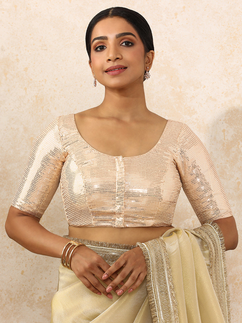 Noreen x Tyohaar | Elbow Sleeves Champagne Sequined Saree Blouse with Round Neck-Binks