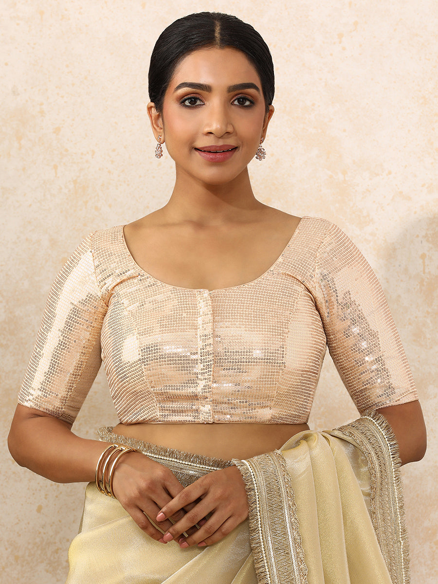Noreen x Tyohaar Saree Blouse, in Cream Sequin Fabric, featuring elbow sleeves and round neckline, made for party & festive.