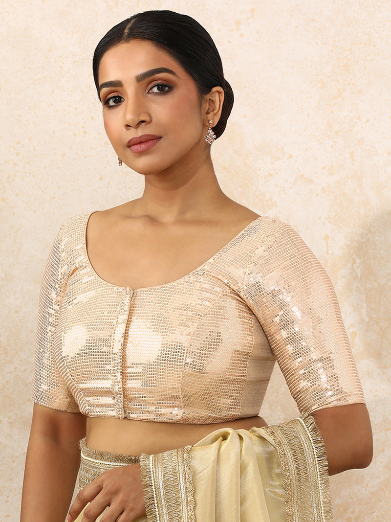 Noreen x Tyohaar | Elbow Sleeves Champagne Sequined Saree Blouse with Round Neck-Binks