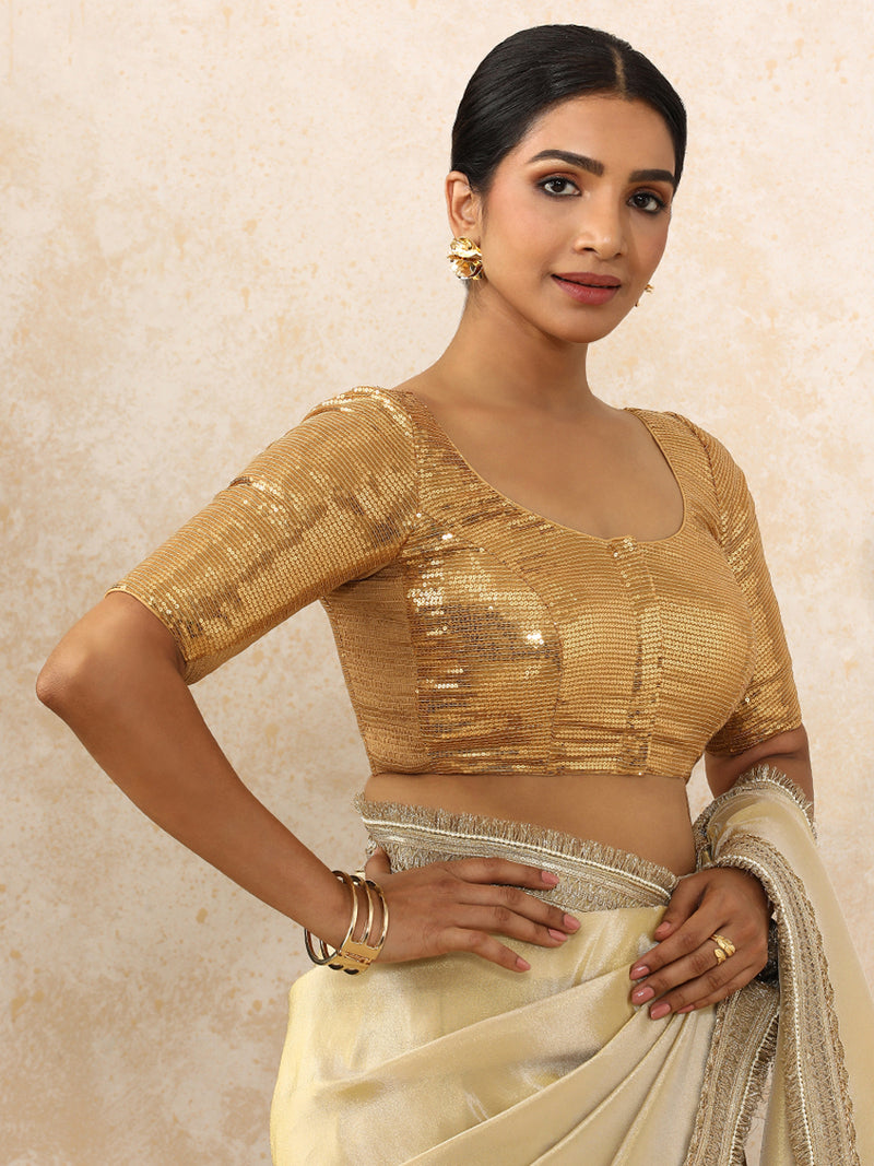 Noreen x Tyohaar | Elbow Sleeves Gold Sequined Saree Blouse with Round Neck-Binks