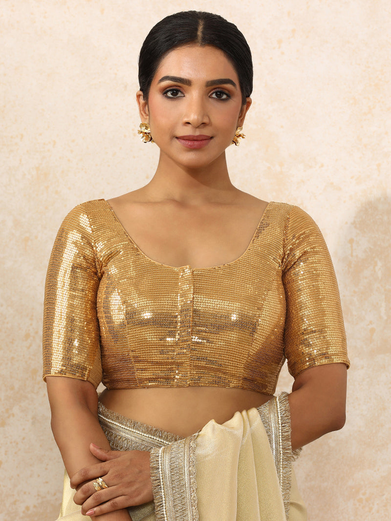 Noreen x Tyohaar | Elbow Sleeves Gold Sequined Saree Blouse with Round Neck-Binks