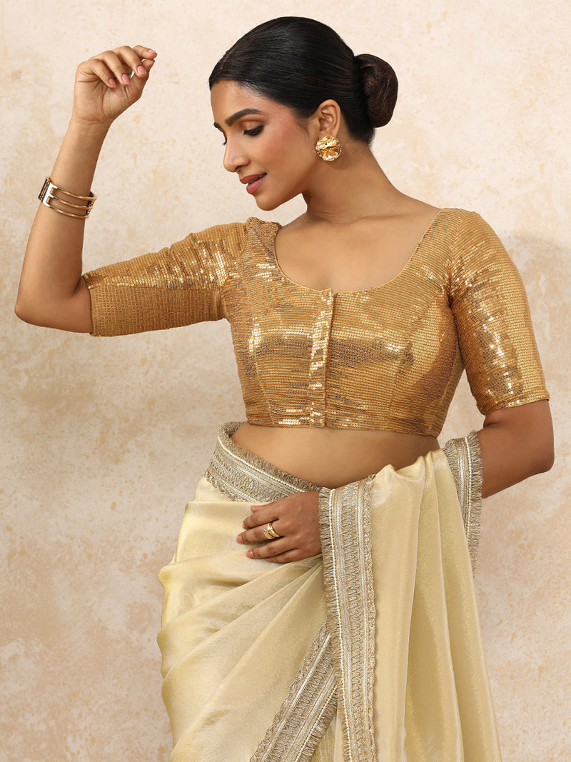 Noreen x Tyohaar | Elbow Sleeves Gold Sequined Saree Blouse with Round Neck-Binks