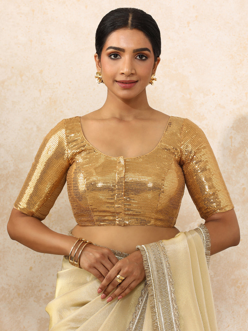 Noreen x Tyohaar | Elbow Sleeves Gold Sequined Saree Blouse with Round Neck-Binks