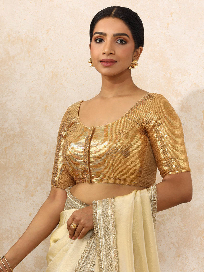 Noreen x Tyohaar | Elbow Sleeves Gold Sequined Saree Blouse with Round Neck-Binks