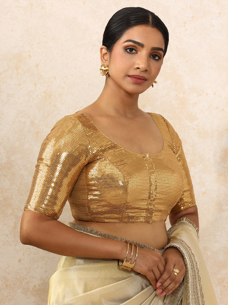 Noreen x Tyohaar | Elbow Sleeves Gold Sequined Saree Blouse with Round Neck-Binks