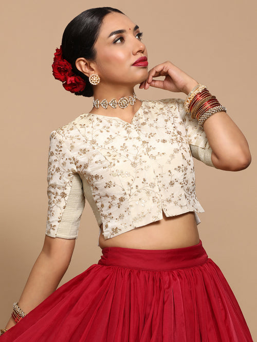 Ojal x Tyohaar Saree Blouse, in Cream Embroidery & Brocade, featuring elbow sleeves and round neckline.