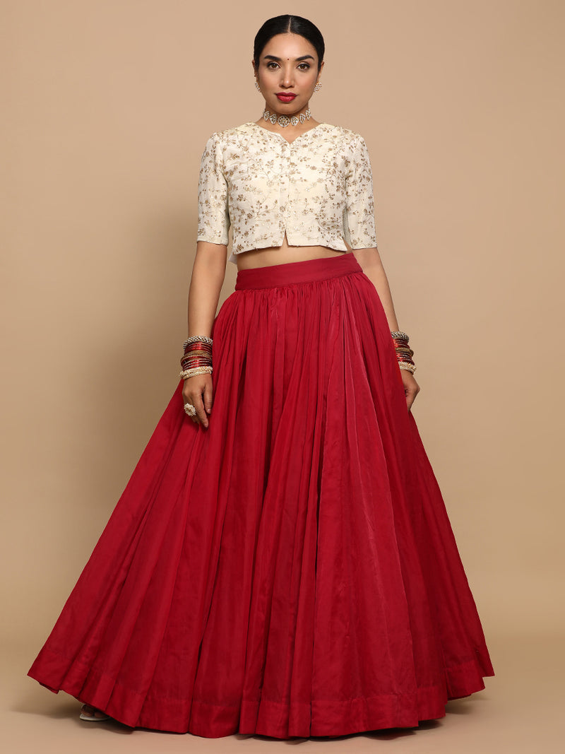 Ojal x Tyohaar | Elbow Sleeves Satin Viscose Saree Blouse in Gold Vine Embroidery on Cream Tissue Fabric-Binks