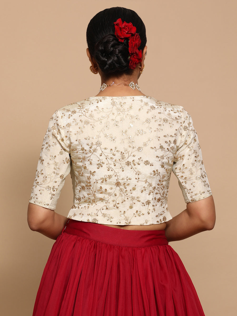 Ojal x Tyohaar Saree Blouse, in Cream Embroidery & Brocade, featuring elbow sleeves and round neckline (view 2).