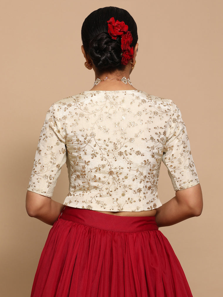 Ojal x Tyohaar Saree Blouse, in Cream Embroidery & Brocade, featuring elbow sleeves and round neckline (view 2).