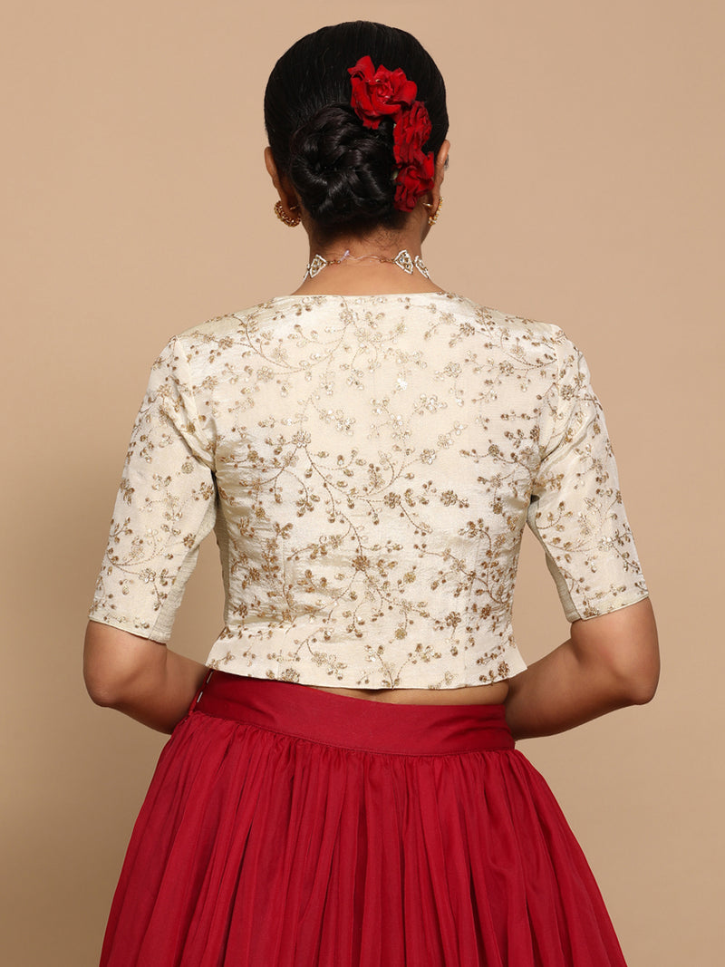 Ojal x Tyohaar | Elbow Sleeves Satin Viscose Saree Blouse in Gold Vine Embroidery on Cream Tissue Fabric-Binks