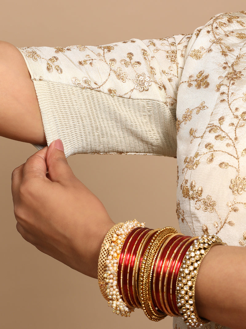 Ojal x Tyohaar | Elbow Sleeves Satin Viscose Saree Blouse in Gold Vine Embroidery on Cream Tissue Fabric-Binks