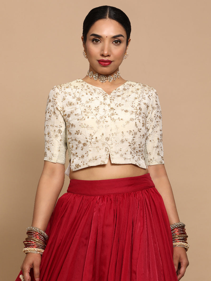 Ojal x Tyohaar | Elbow Sleeves Satin Viscose Saree Blouse in Gold Vine Embroidery on Cream Tissue Fabric-Binks