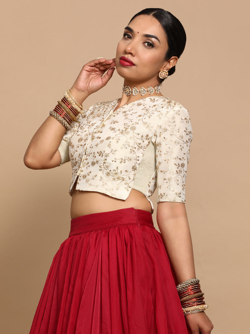 Ojal x Tyohaar | Elbow Sleeves Satin Viscose Saree Blouse in Gold Vine Embroidery on Cream Tissue Fabric-Binks