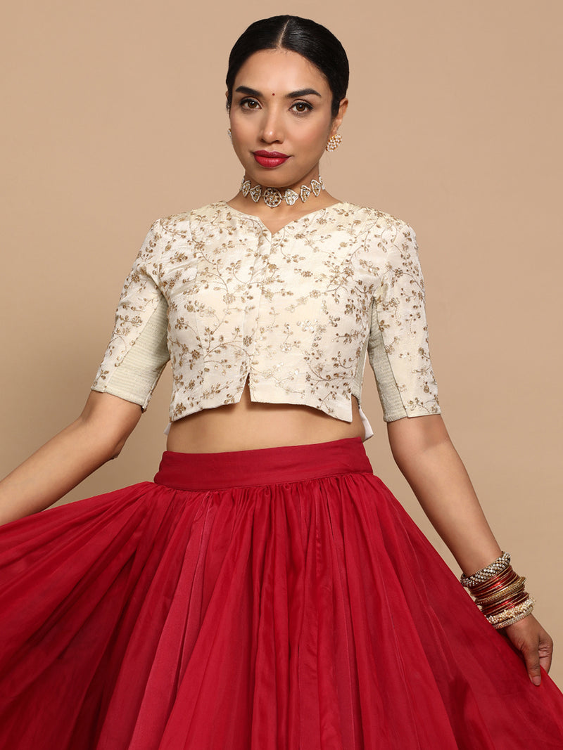 Ojal x Tyohaar | Elbow Sleeves Satin Viscose Saree Blouse in Gold Vine Embroidery on Cream Tissue Fabric-Binks