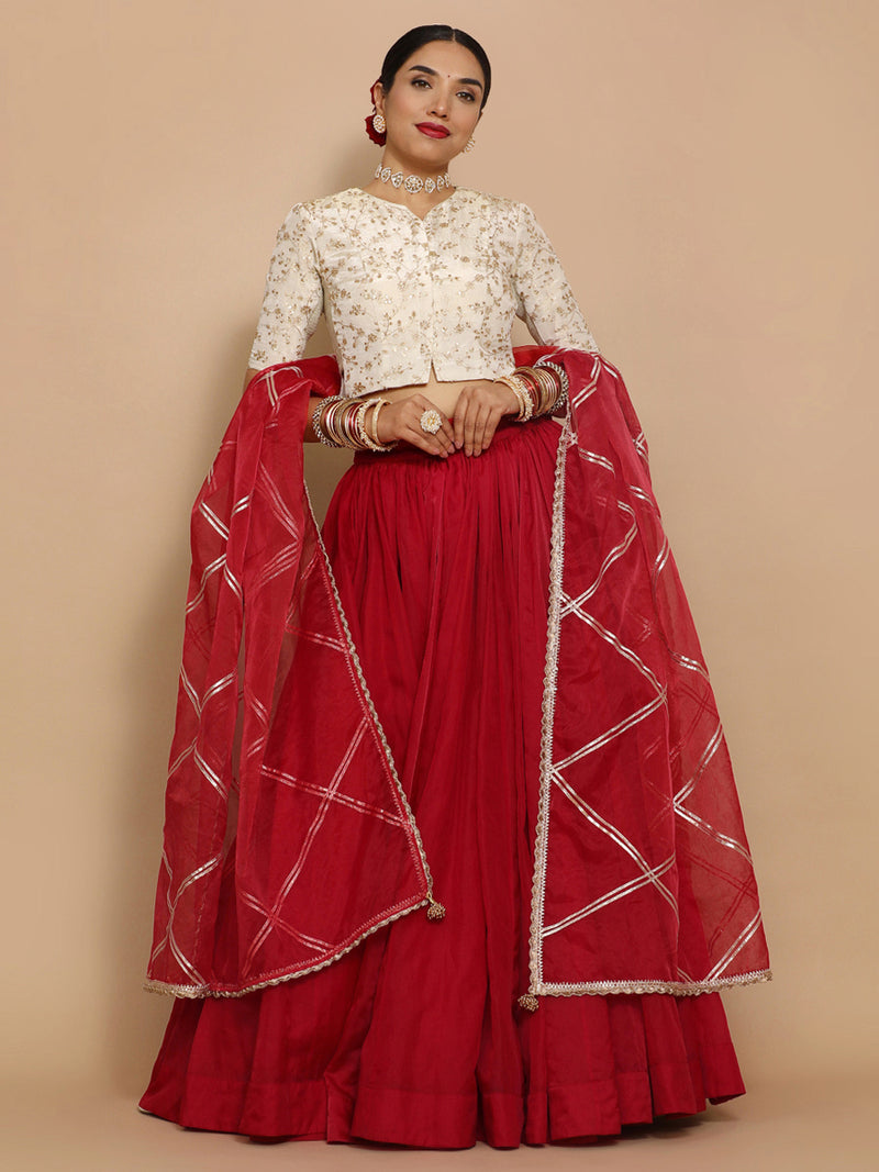 Ojal x Tyohaar | Elbow Sleeves Satin Viscose Saree Blouse in Gold Vine Embroidery on Cream Tissue Fabric-Binks