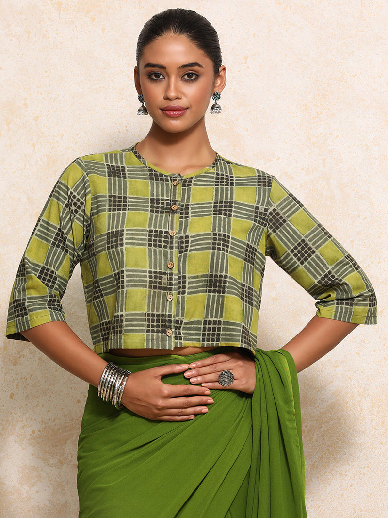 Ojaswini x Rozaana | Elbow Sleeves Saree Blouse in Olive Grid Block Print Cotton-Binks