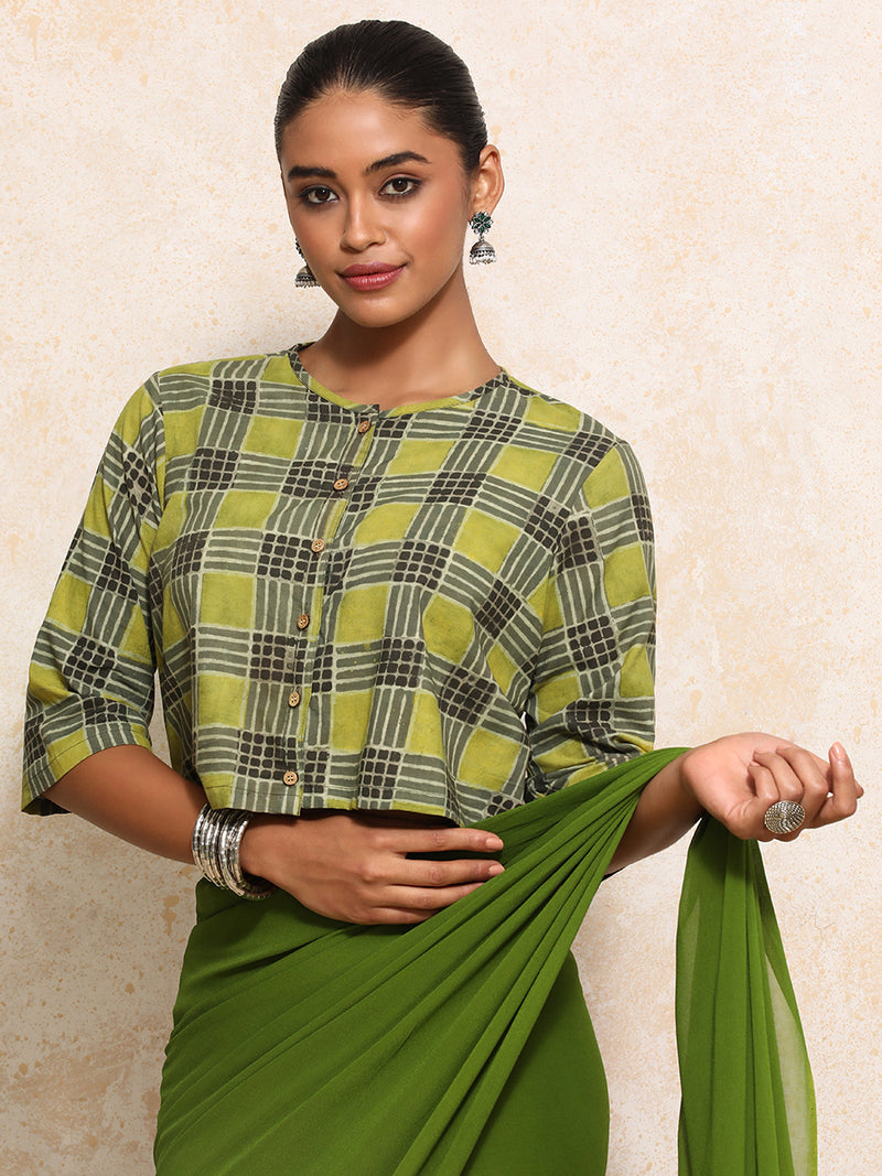 Ojaswini x Rozaana | Elbow Sleeves Saree Blouse in Olive Grid Block Print Cotton-Binks