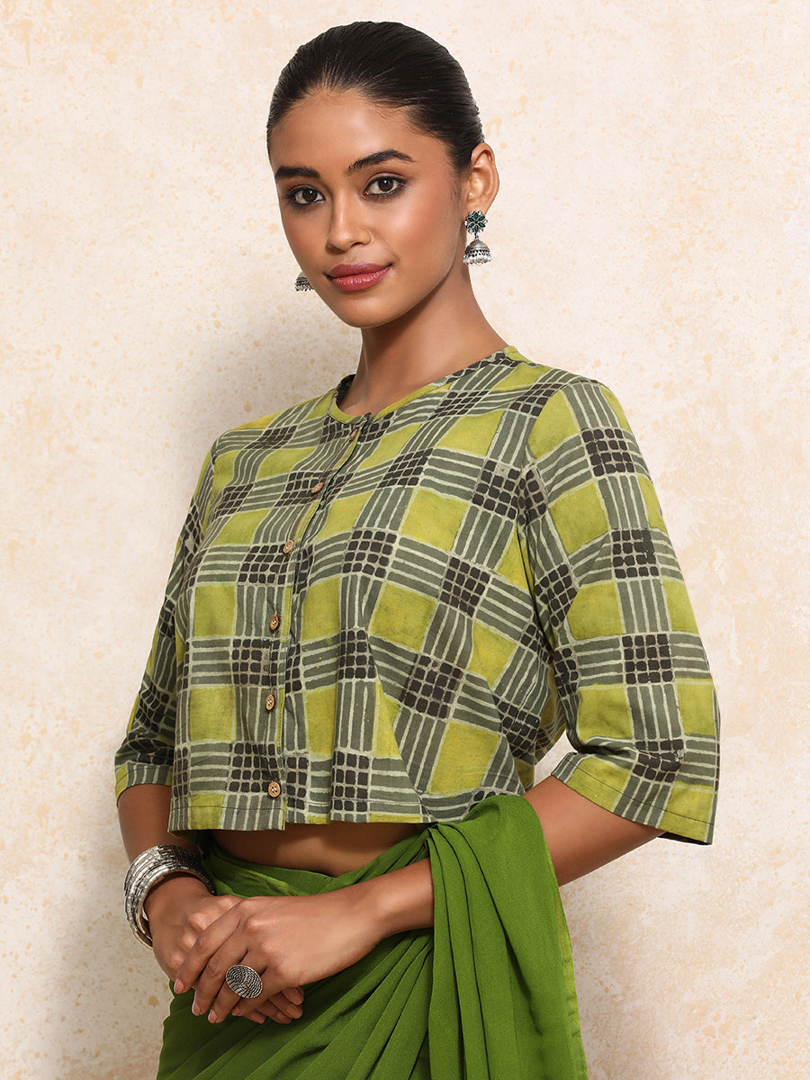 Ojaswini x Rozaana Saree Blouse, in Green 100% Cotton - Block Printed, featuring elbow sleeves and jewel neckline (view 8).