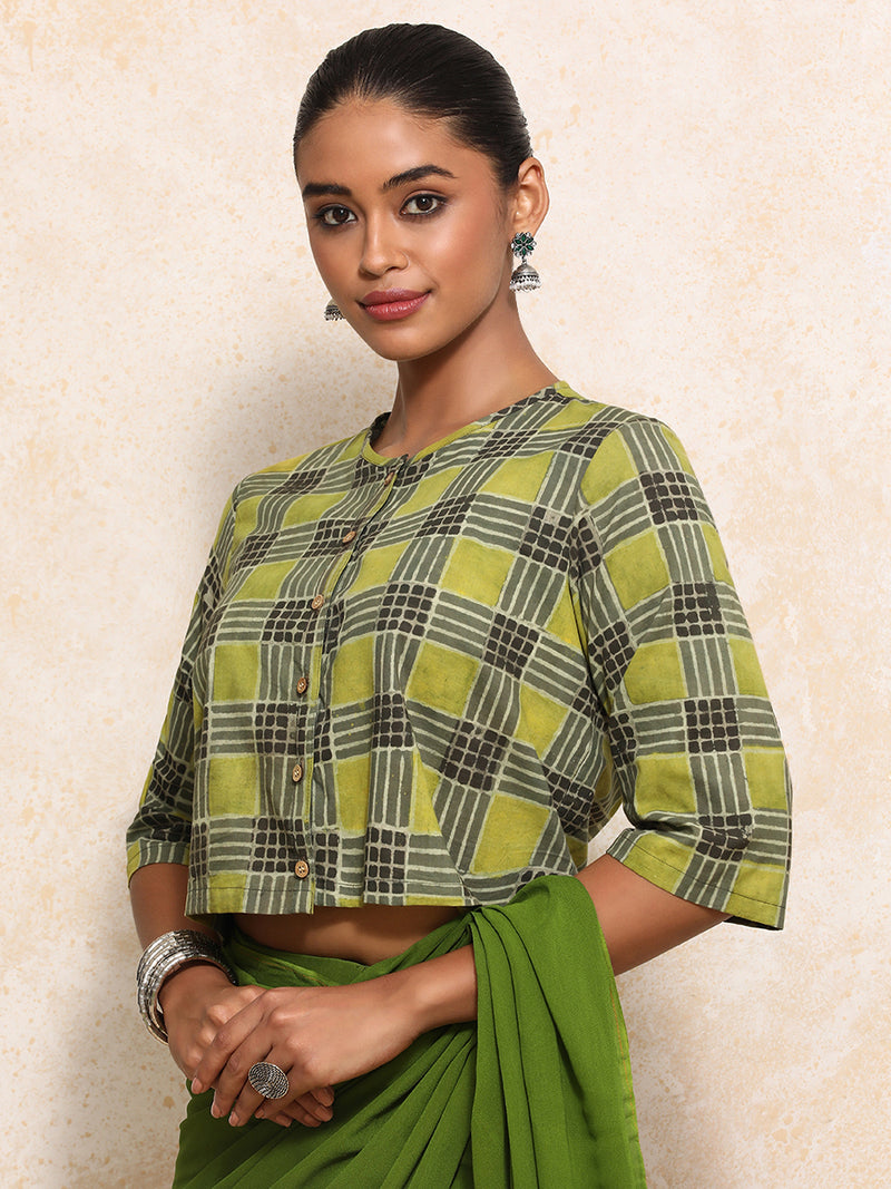 Ojaswini x Rozaana | Elbow Sleeves Saree Blouse in Olive Grid Block Print Cotton-Binks