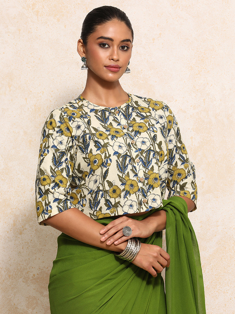 Omisha x Rozaana | Elbow Sleeves Saree Blouse in Cream Meadow Block Print Cotton-Binks