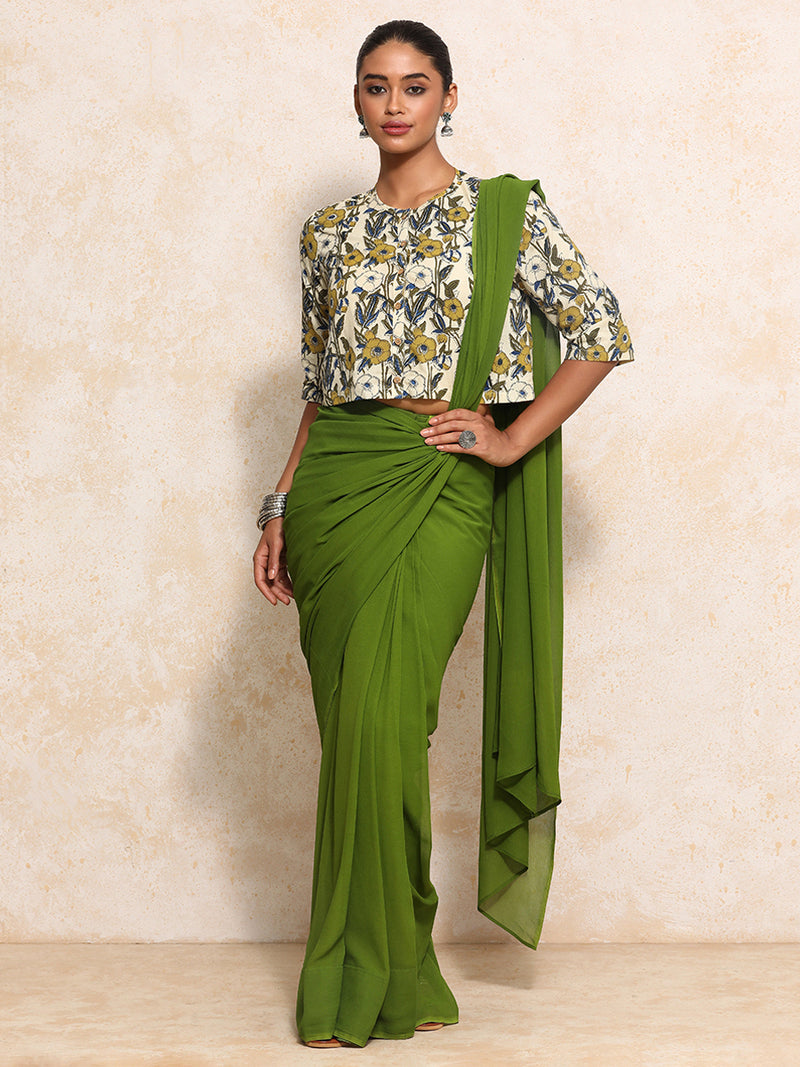 Omisha x Rozaana | Elbow Sleeves Saree Blouse in Cream Meadow Block Print Cotton-Binks