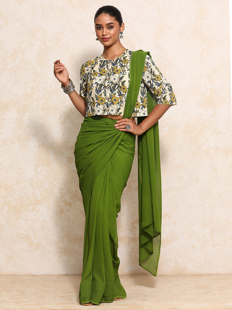 Omisha x Rozaana | Elbow Sleeves Saree Blouse in Cream Meadow Block Print Cotton-Binks