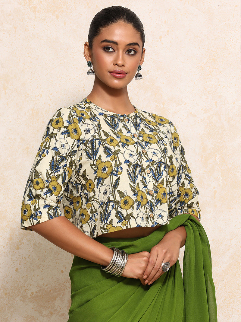 Omisha x Rozaana | Elbow Sleeves Saree Blouse in Cream Meadow Block Print Cotton-Binks