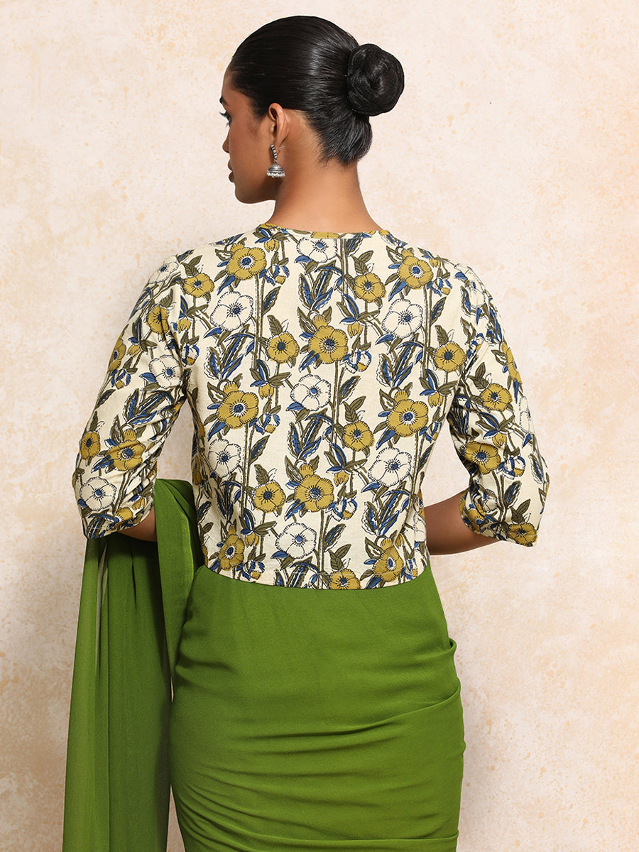 Omisha x Rozaana Saree Blouse, in White 100% Cotton - Block Printed, featuring elbow sleeves and jewel neckline (view 2).