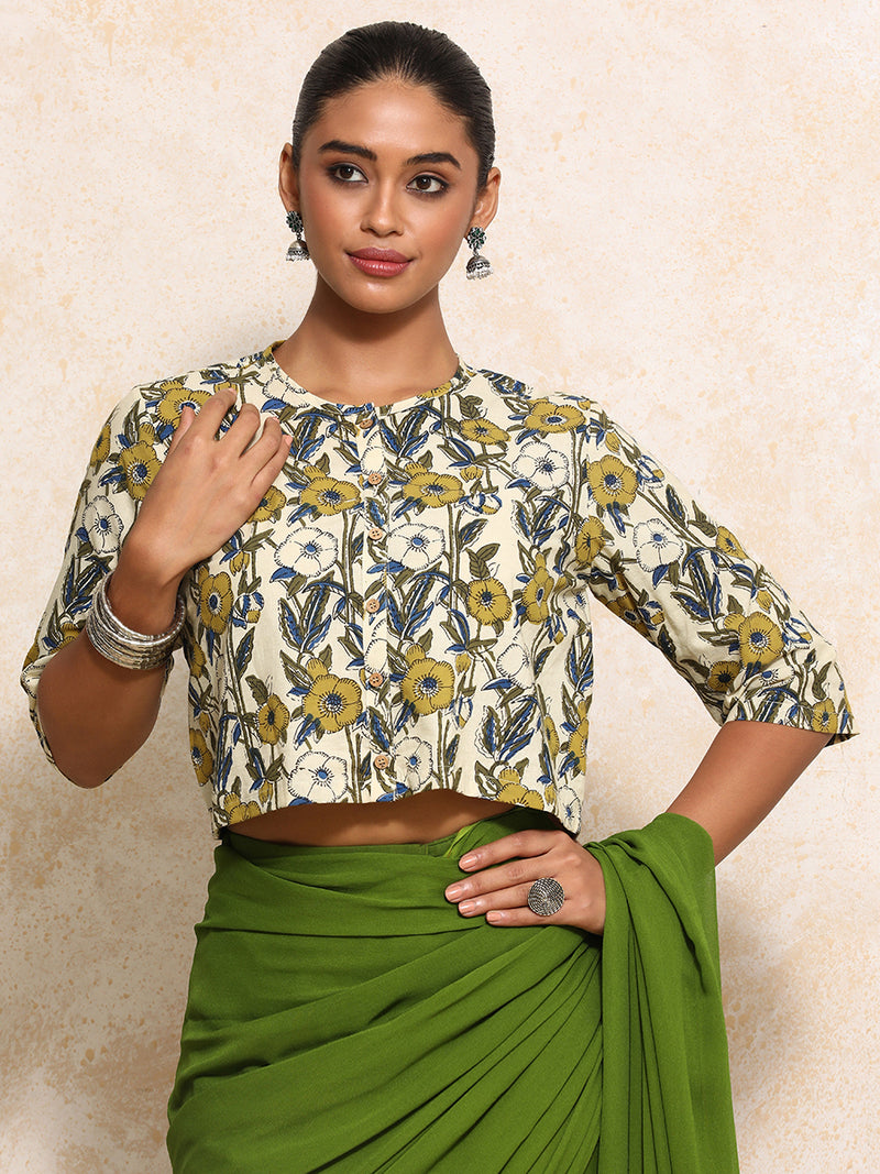 Omisha x Rozaana | Elbow Sleeves Saree Blouse in Cream Meadow Block Print Cotton-Binks