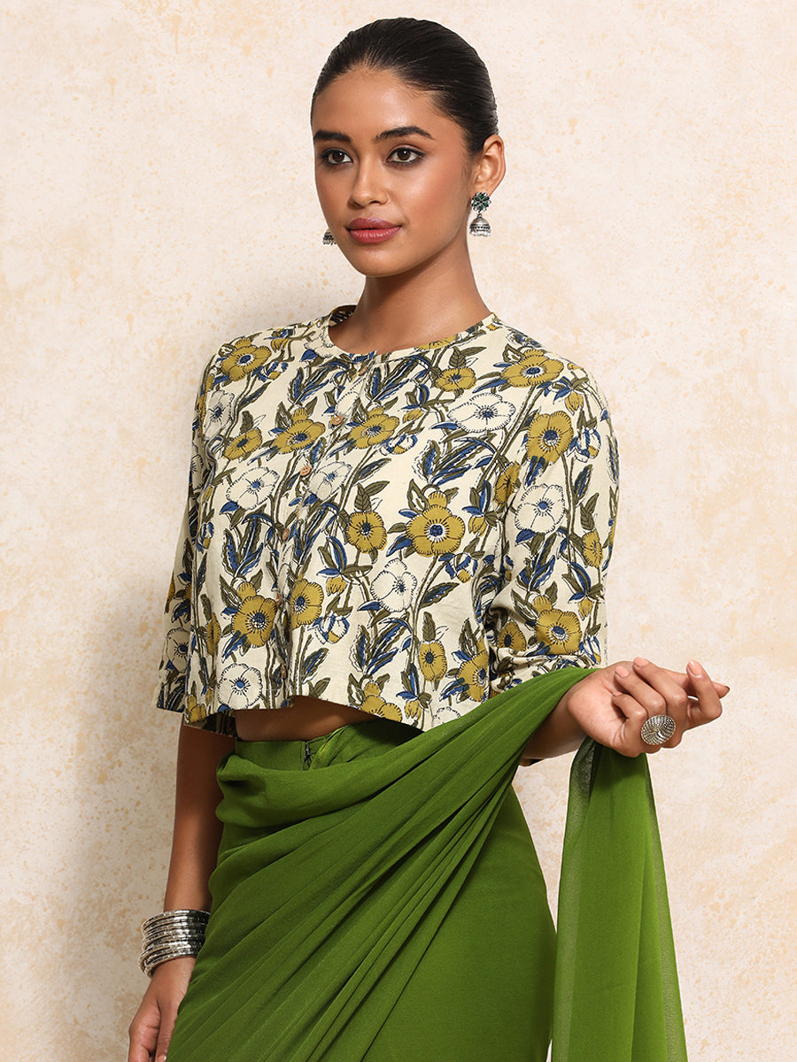 Omisha x Rozaana Saree Blouse, in White 100% Cotton - Block Printed, featuring elbow sleeves and jewel neckline (view 6).