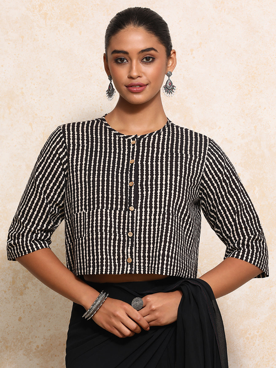 Omya x Rozaana Saree Blouse, in Black 100% Cotton - Block Printed, featuring elbow sleeves and jewel neckline.