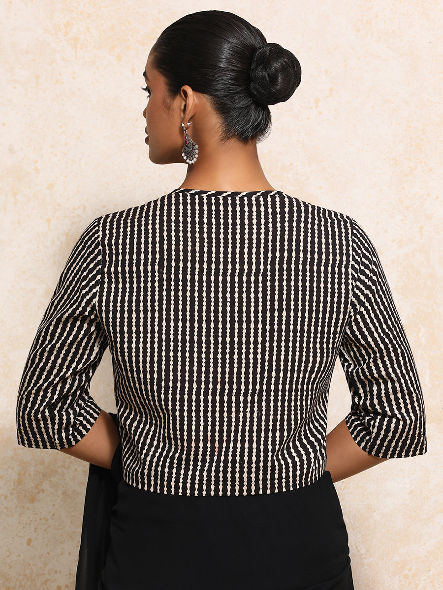 Omya x Rozaana Saree Blouse, in Black 100% Cotton - Block Printed, featuring elbow sleeves and jewel neckline (view 2).
