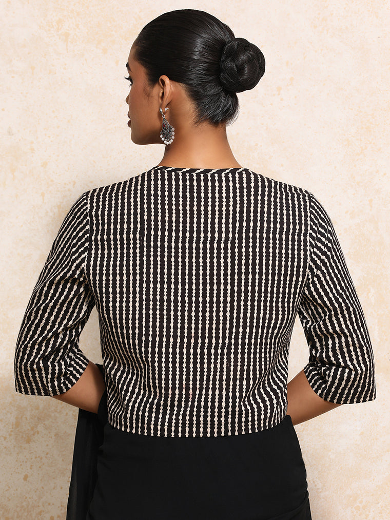 Omya x Rozaana Saree Blouse, in Black 100% Cotton - Block Printed, featuring elbow sleeves and jewel neckline (view 2).