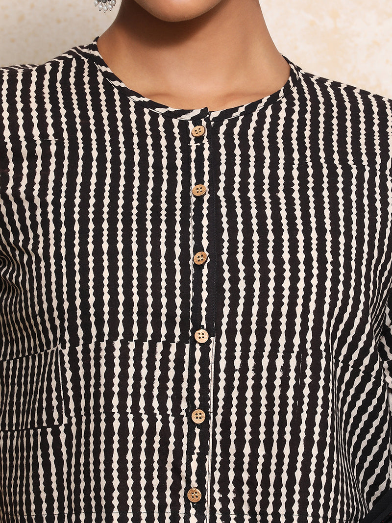 Omya x Rozaana | Elbow Sleeves Saree Blouse in Earthy Black Stripes Block Print Cotton-Binks