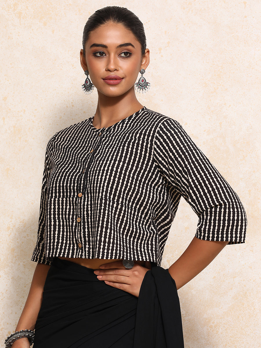 Omya x Rozaana Saree Blouse, in Black 100% Cotton - Block Printed, featuring elbow sleeves and jewel neckline (view 7).