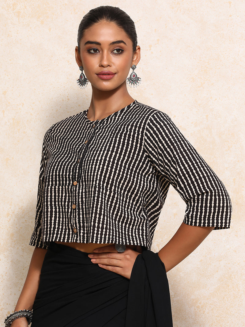 Omya x Rozaana | Elbow Sleeves Saree Blouse in Earthy Black Stripes Block Print Cotton-Binks