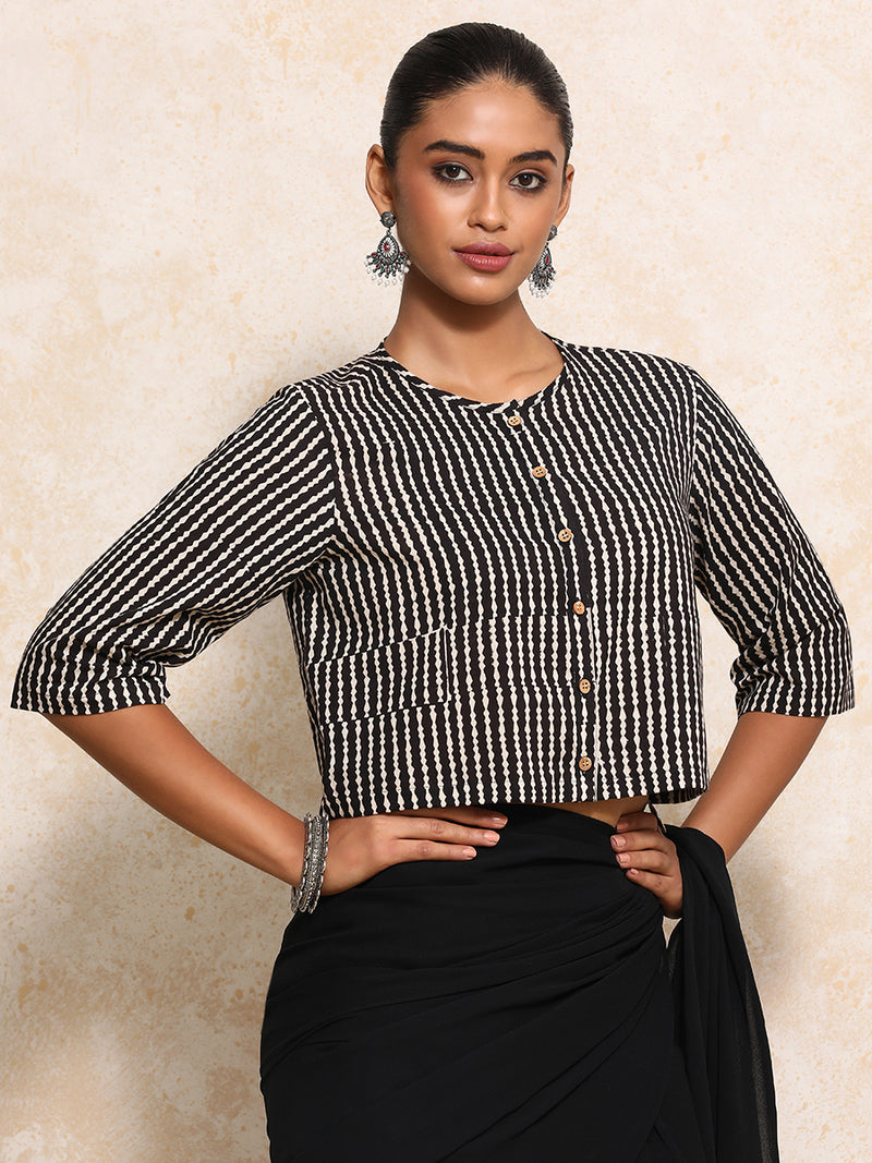 Omya x Rozaana | Elbow Sleeves Saree Blouse in Earthy Black Stripes Block Print Cotton-Binks