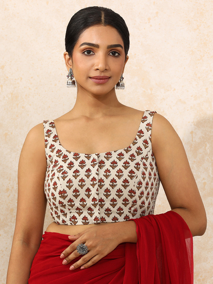 Oorja x Rozaana Saree Blouse, in Cream 100% Cotton - Block Printed, featuring sleeveless and round neckline.