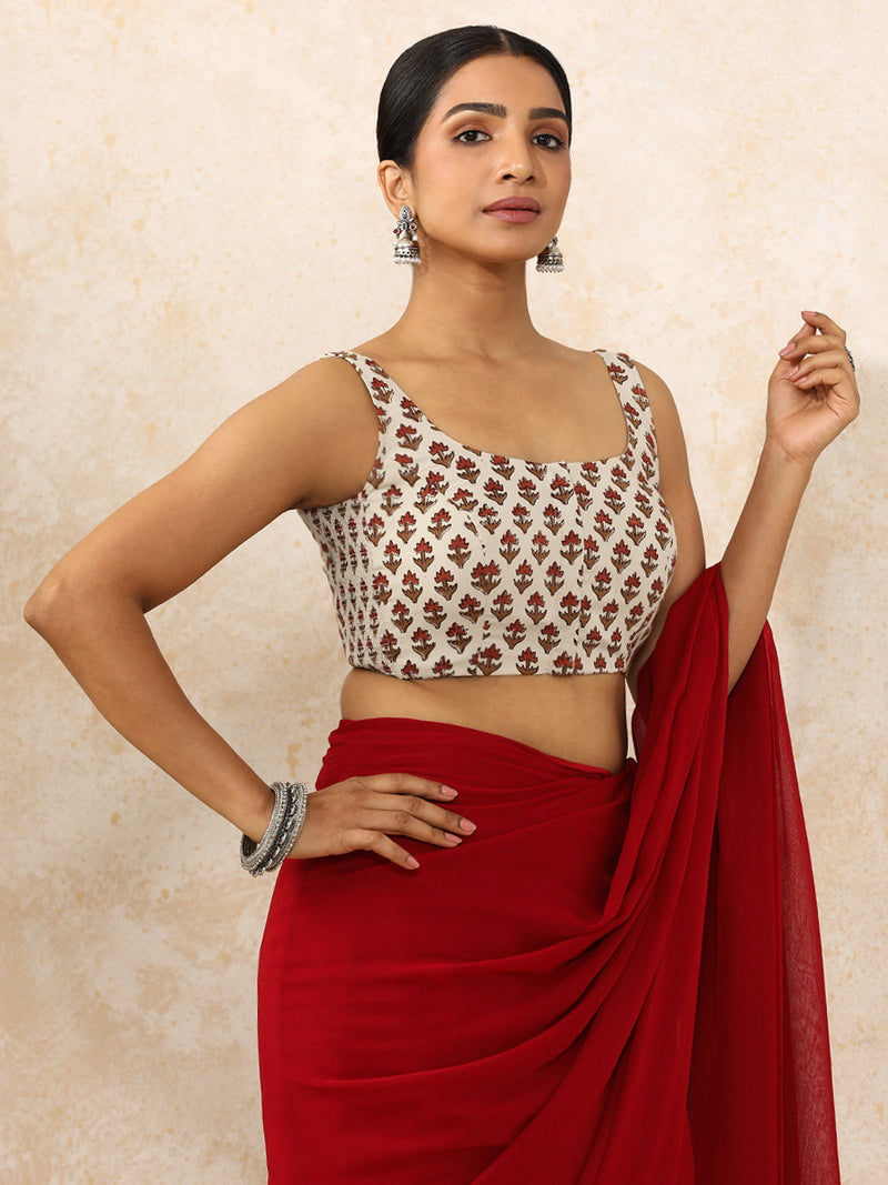 Oorja x Rozaana | Sleeveless Saree Blouse in Tulip Bloom Cream Block Print Cotton-Binks