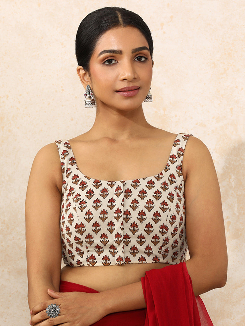 Oorja x Rozaana | Sleeveless Saree Blouse in Tulip Bloom Cream Block Print Cotton-Binks