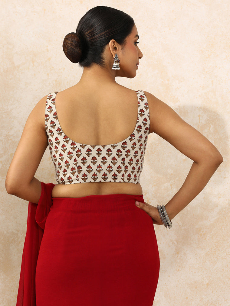 Oorja x Rozaana Saree Blouse, in Cream 100% Cotton - Block Printed, featuring sleeveless and round neckline (view 2).